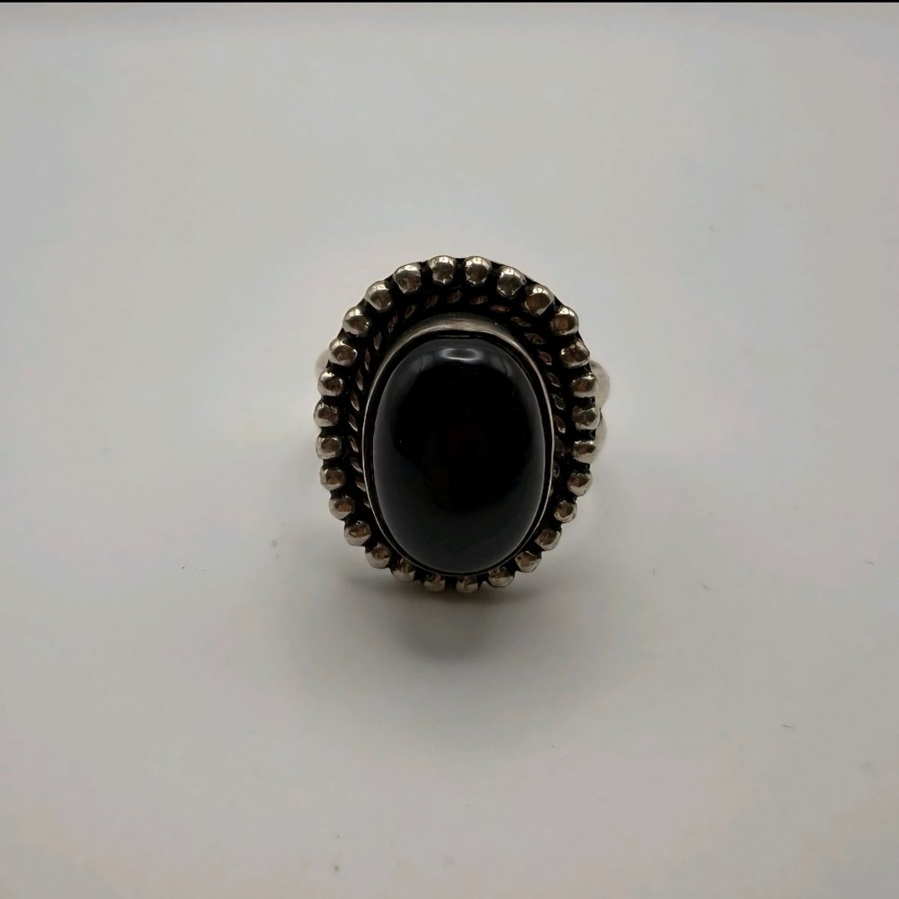 Sterling Silver Black Onyx Ring - Beaded Artisan Bezel - Size 9